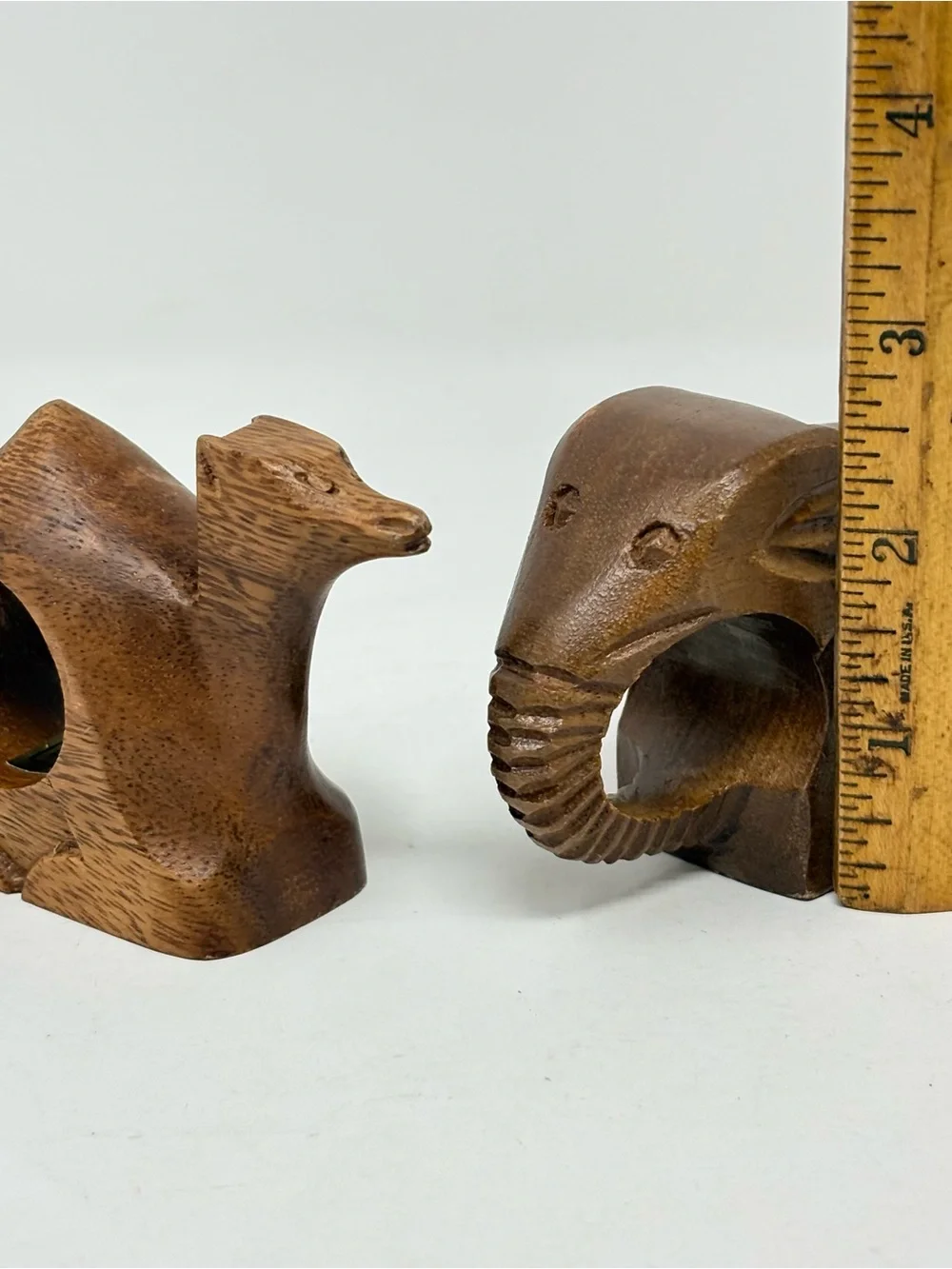Hand Carved Wooden Safari Animals Napkin Rings Elephant and Camel